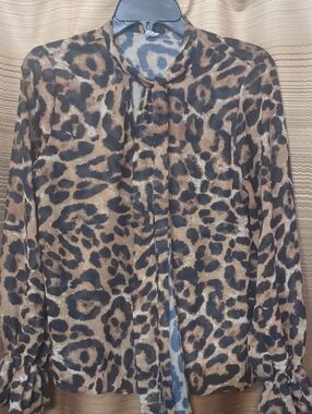Source Unknown Leopard Print Tie-Neck Blouse in Brown and Black